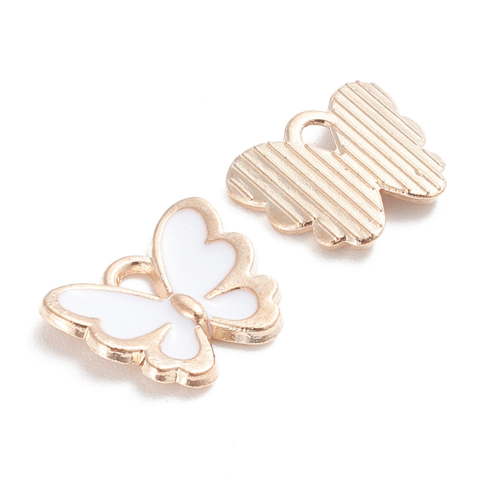 Gold Plated Alloy Charm. White Enamel Butterfly Charms for DIY Jewelry Making.  Size: 10mm Length, 13mm Width, 2mm Thick, Hole: 1mm, Quantity: 10 pcs/package.  Material: Alloy (Lead and Nickel Free) Charms. Light Gold Plated with White Enamel.