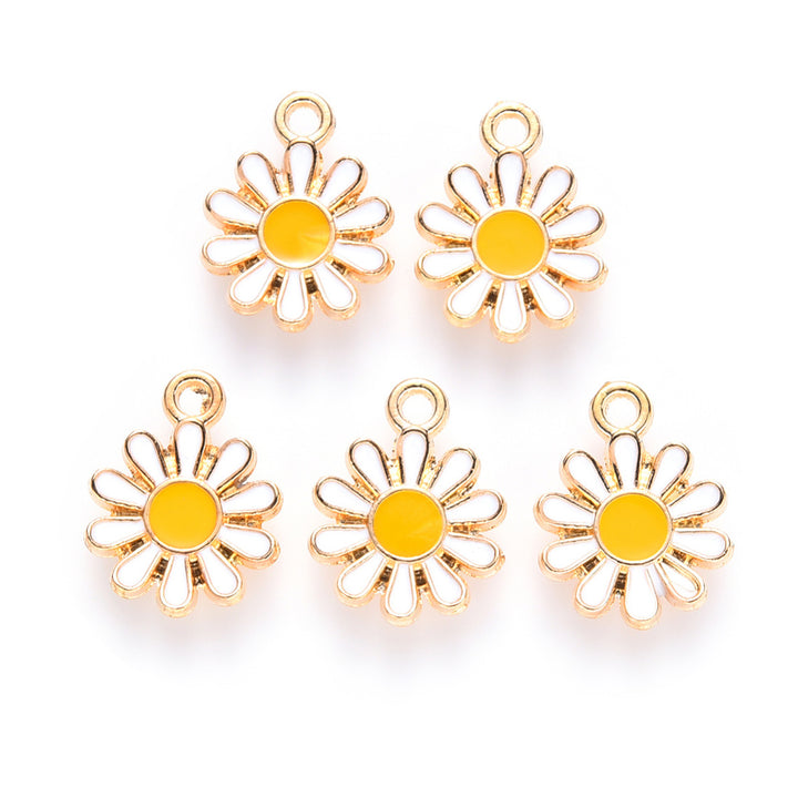 Gold Alloy Charm. White Enamel Flowers Charms for DIY Jewelry Making.  Size: 14mm Length, 12mm Width, 2mm Thick, Hole: 1.5mm, Quantity: 10 pcs/package.  Material: Alloy (Lead and Nickel Free) Charms. Light Gold Color with White Enamel.