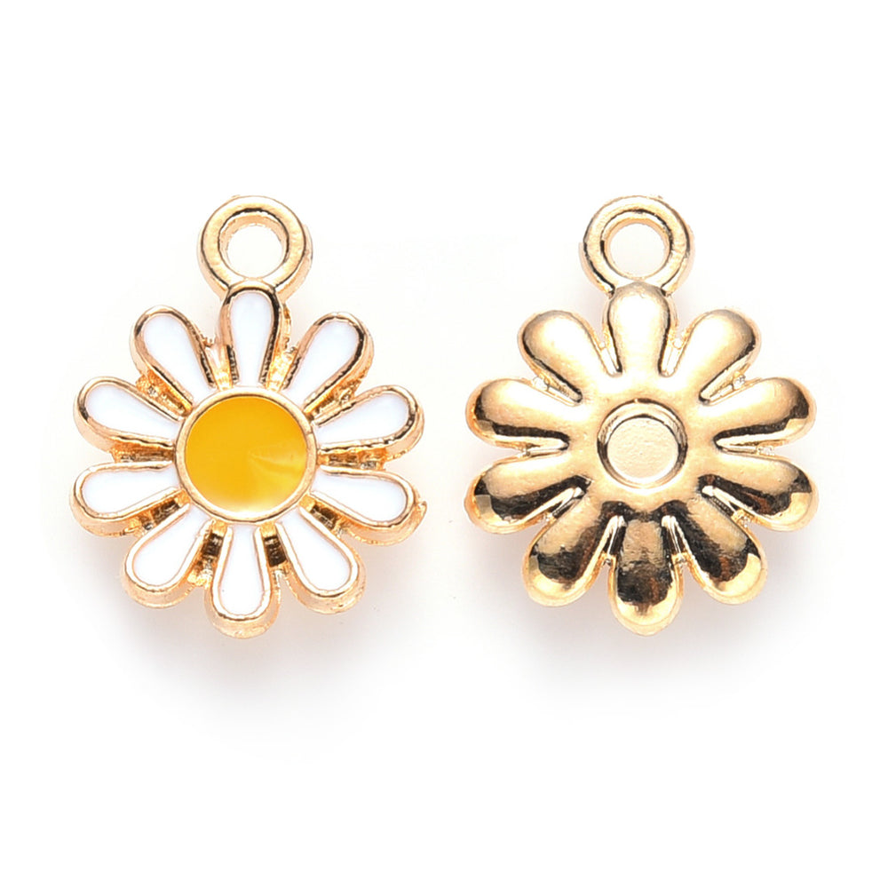 Gold Alloy Charm. White Enamel Flowers Charms for DIY Jewelry Making.  Size: 14mm Length, 12mm Width, 2mm Thick, Hole: 1.5mm, Quantity: 10 pcs/package.  Material: Alloy (Lead and Nickel Free) Charms. Light Gold Color with White Enamel.