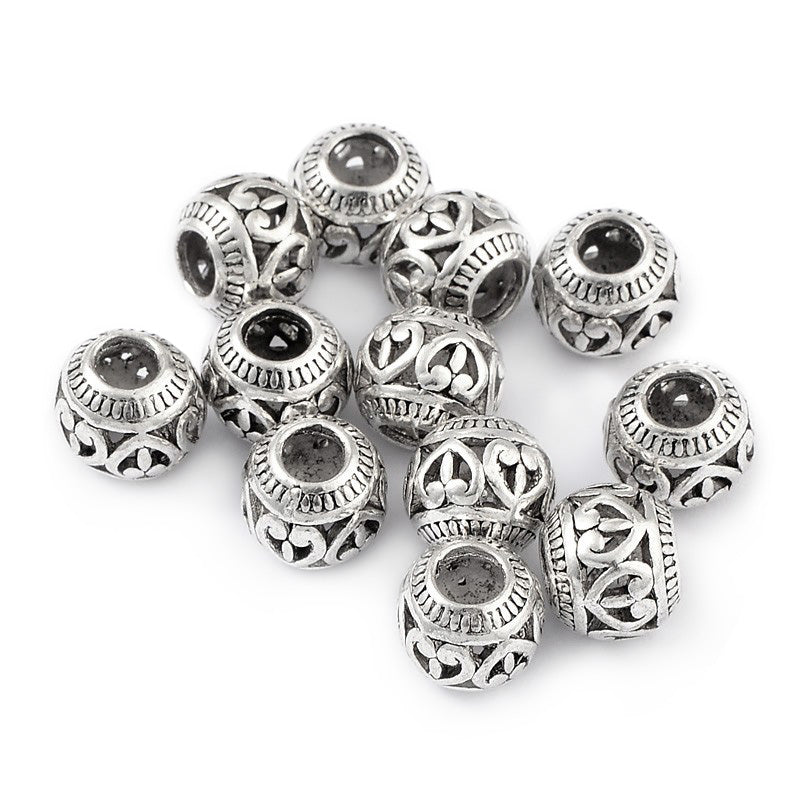 Large Hole European Metal Spacer Beads, Alloy Beads with a Design, Silver Color, Round Rondelle Shape for DIY Jewelry Making.   Size: 11mm Diameter, 9mm Thick, Hole: 4.5mm, Quantity: 5pcs/package  Material: Alloy European Metal, Large Hole Beads. Antique Silver Color with a Pattern.