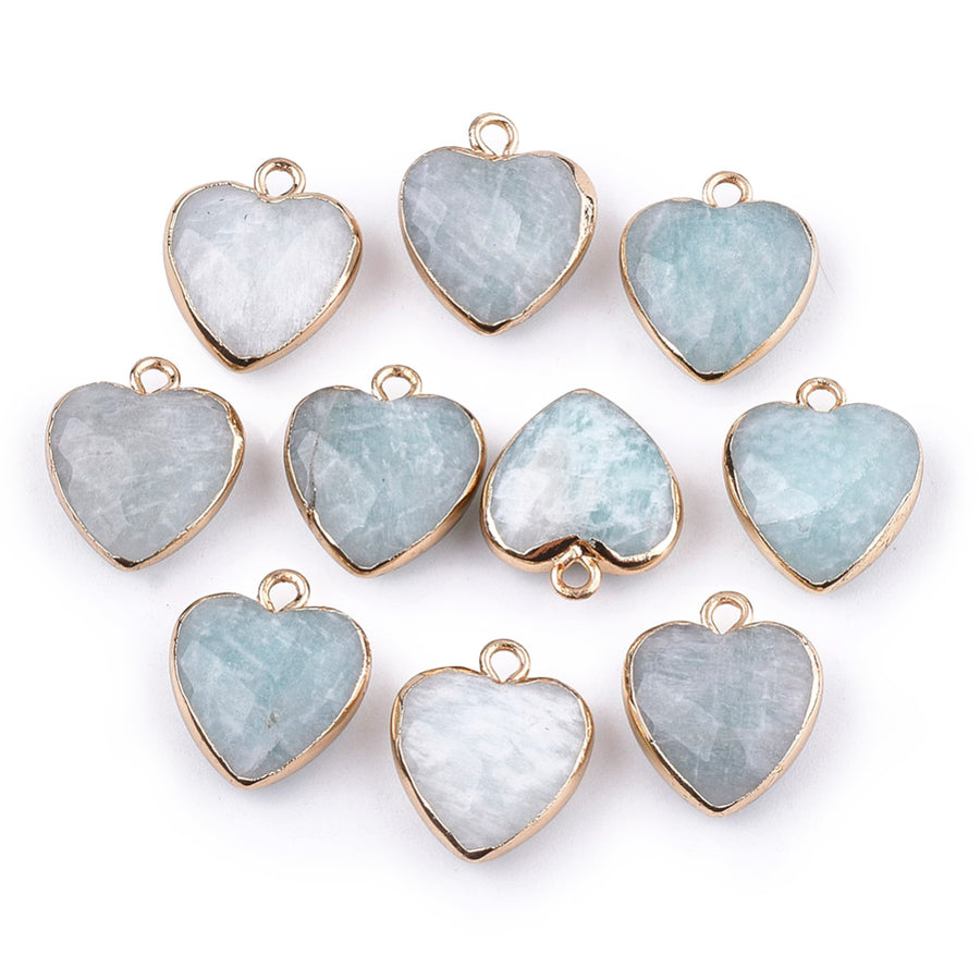 Faceted Amazonite Heart Charms, Pale Blue Green Color with Gold Plated Findings. Semi-precious Gemstone Pendant for DIY Jewelry Making.  Size: 16-17mm Length, 14-15mm Wide, 6-7mm Thick, Hole: 1.8mm, 1pcs/package.   Material: Natural Amazonite Stone Pendant, Gold Toned Findings. Heart Shaped Stone Pendants. Polished Finish. 
