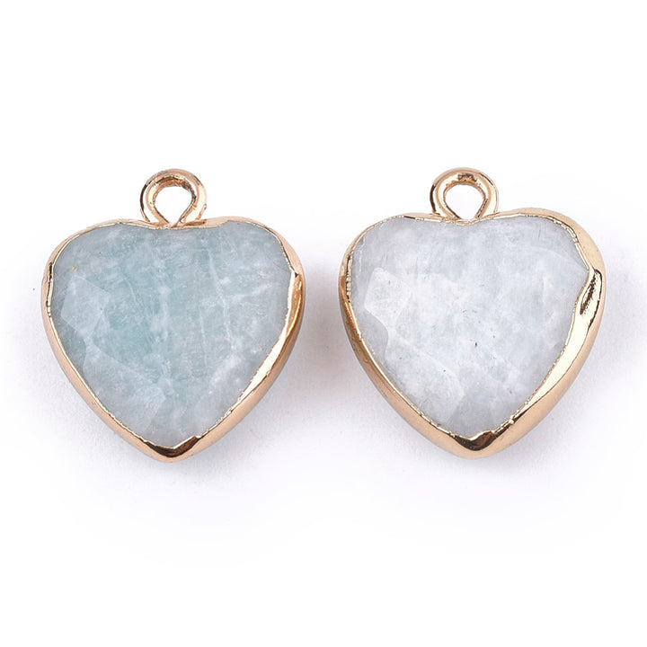 Faceted Amazonite Heart Charms, Pale Blue Green Color with Gold Plated Findings. Semi-precious Gemstone Pendant for DIY Jewelry Making.  Size: 16-17mm Length, 14-15mm Wide, 6-7mm Thick, Hole: 1.8mm, 1pcs/package.   Material: Natural Amazonite Stone Pendant, Gold Toned Findings. Heart Shaped Stone Pendants. Polished Finish. 