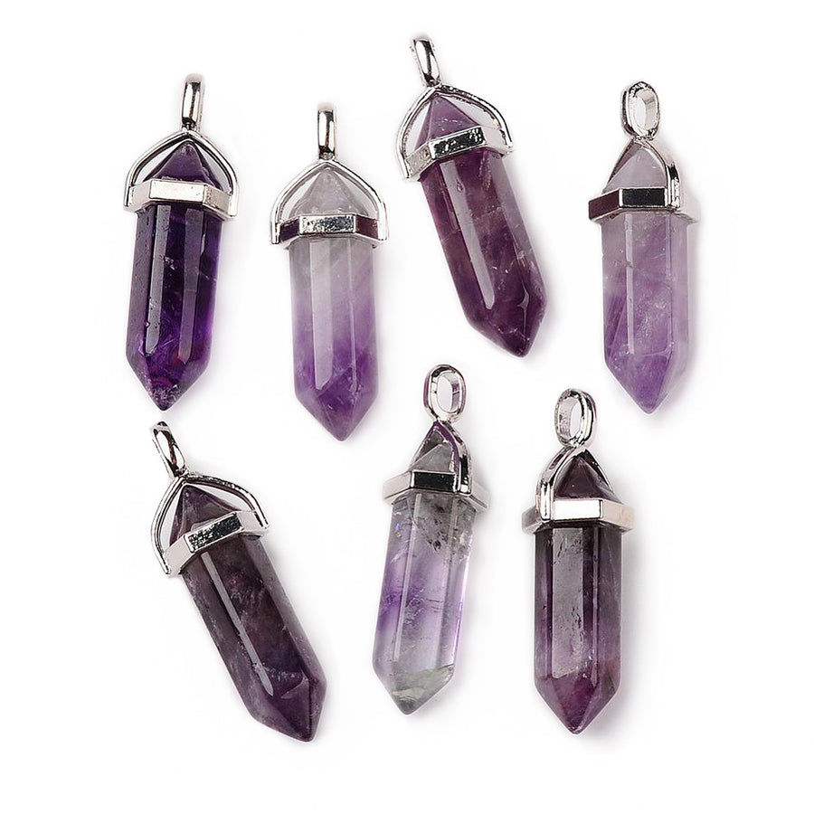 Natural Amethyst Crystal Pendants, Dark Purple Color. Semi-precious Gemstone Pendant for DIY Jewelry Making. Gorgeous Centre piece for Necklaces.   Size: 37-40mm Length, 12mm Diameter, Hole: 3x5mm, 1pcs/package.  Material: Genuine Natural Amethyst Stone Pendant, Platinum Toned Brass Findings, Hexagon Shaped Bead Cap Bails. High Quality, Double Terminated Stone Pendants. Shinny, Polished Finish.