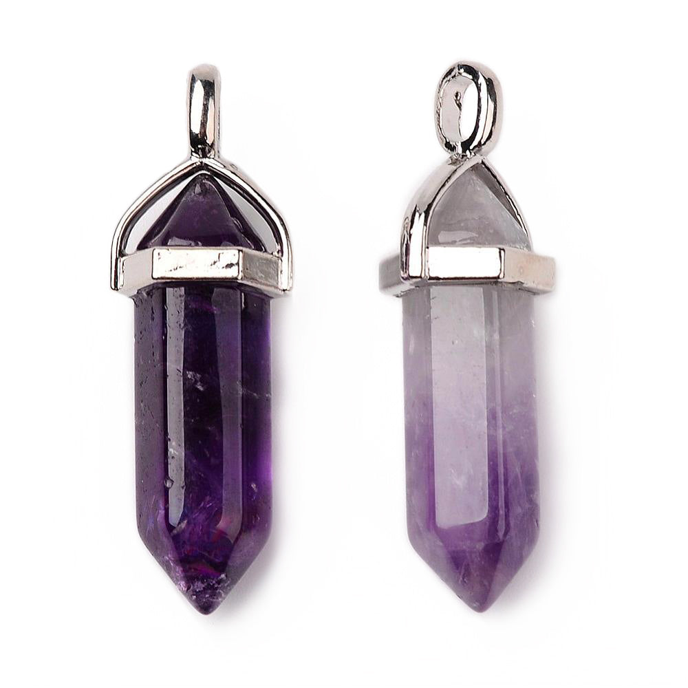 Natural Amethyst Crystal Pendants, Dark Purple Color. Semi-precious Gemstone Pendant for DIY Jewelry Making. Gorgeous Centre piece for Necklaces.   Size: 37-40mm Length, 12mm Diameter, Hole: 3x5mm, 1pcs/package.  Material: Genuine Natural Amethyst Stone Pendant, Platinum Toned Brass Findings, Hexagon Shaped Bead Cap Bails. High Quality, Double Terminated Stone Pendants. Shinny, Polished Finish.