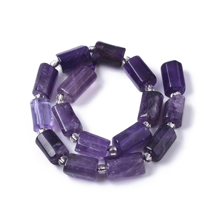 Natural Amethyst Beads, Faceted Column Shaped Beads, Purple Color. Semi-precious Amethyst Gemstone Beads for DIY Jewelry Making.    Size: 8-11mm Length, 6-8mm Width, 5-7mm Thick, Hole: 1mm, approx. 15-17pcs/strand, 7" inches long.  Material: Natural Amethyst Faceted Column Beads, Purple Color. Polished Finish.