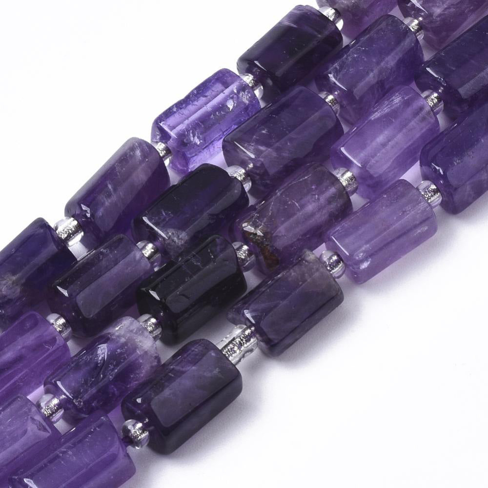Natural Amethyst Beads, Faceted Column Shaped Beads, Purple Color. Semi-precious Amethyst Gemstone Beads for DIY Jewelry Making.    Size: 8-11mm Length, 6-8mm Width, 5-7mm Thick, Hole: 1mm, approx. 15-17pcs/strand, 7" inches long.  Material: Natural Amethyst Faceted Column Beads, Purple Color. Polished Finish.