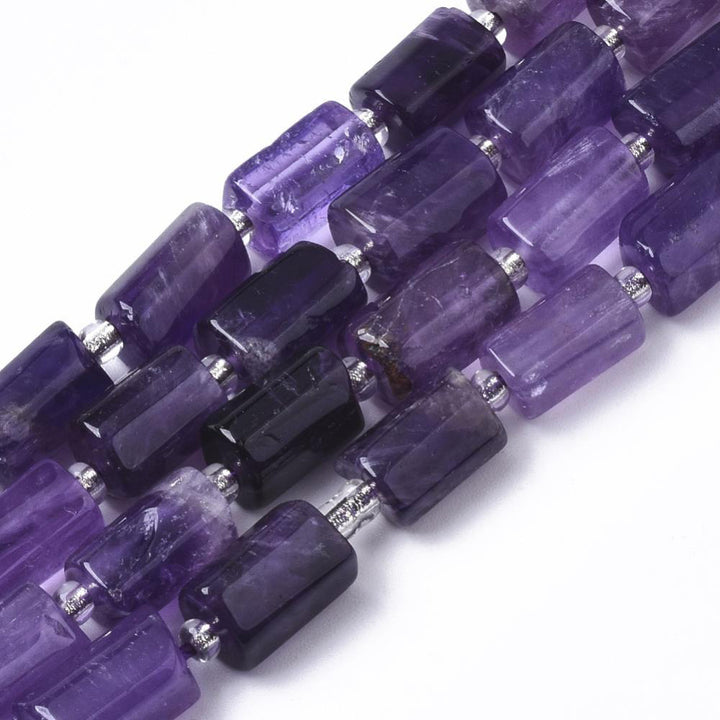 Natural Amethyst Beads, Faceted Column Shaped Beads, Purple Color. Semi-precious Amethyst Gemstone Beads for DIY Jewelry Making.    Size: 8-11mm Length, 6-8mm Width, 5-7mm Thick, Hole: 1mm, approx. 15-17pcs/strand, 7" inches long.  Material: Natural Amethyst Faceted Column Beads, Purple Color. Polished Finish.