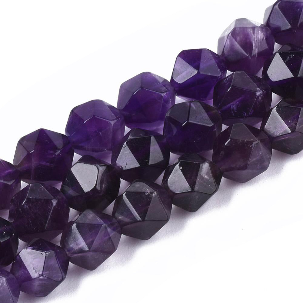 Natural Amethyst Beads, Round, Faceted, Star Cut Beads. Purple Color Semi-Precious Gemstone Beads for Jewelry Making.   Size: 8-10x7-8mm Diameter, Hole: 1mm; approx. 47-48pcs/strand, 14.5" Inches Long  Material: Genuine Star Cut Faceted Amethyst Crystal Beads. Purple Colored Semi Precious Stone Beads. Polished, Shinny Finish.