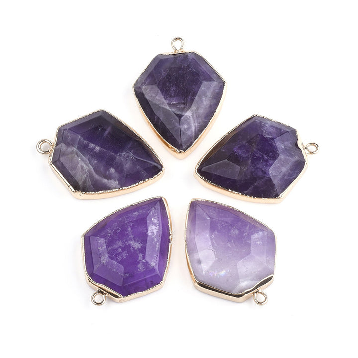 Amethyst Arrow Shaped Gemstone Pendants, Light and Dark Purple Color. Semi-precious Gemstone Pendant for DIY Jewelry Making. Gorgeous Centre piece for Necklaces.   Size: 30mm Length, 22mm Width, 6mm Thick, Hole: 1.2mm, Qty: 1pcs/package.  Material: Natural Amethyst Stone Pendant, Gold Color Findings. Arrow Triangle Shape, Purple Color Stone Pendants. Shinny, Polished Finish. 