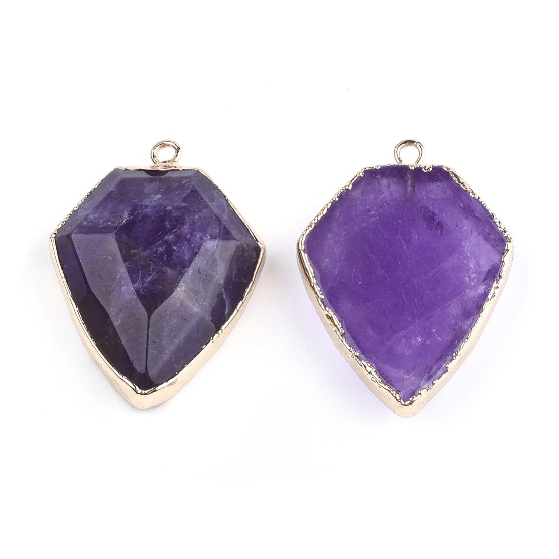 Amethyst Arrow Shaped Gemstone Pendants, Light and Dark Purple Color. Semi-precious Gemstone Pendant for DIY Jewelry Making. Gorgeous Centre piece for Necklaces.   Size: 30mm Length, 22mm Width, 6mm Thick, Hole: 1.2mm, Qty: 1pcs/package.  Material: Natural Amethyst Stone Pendant, Gold Color Findings. Arrow Triangle Shape, Purple Color Stone Pendants. Shinny, Polished Finish. 