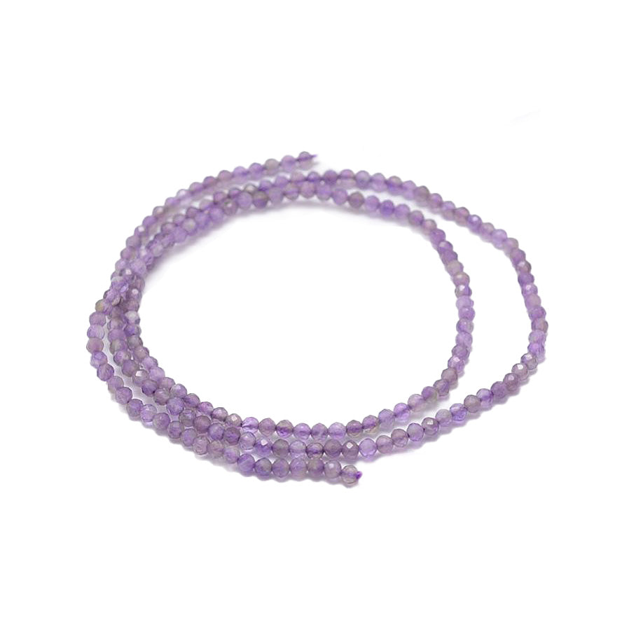 Faceted Amethyst Crystal Beads, Round, Purple Color. Semi-Precious Gemstone Beads for DIY Jewelry Making.  Size: 2mm Diameter, Hole: 0.5mm; approx. 220pcs/strand, 15" Inches Long.  Material: Genuine Natural Amethyst Beads, Natural Stone Crystal Beads. Purple Color. Polished, Shinny Finish.
