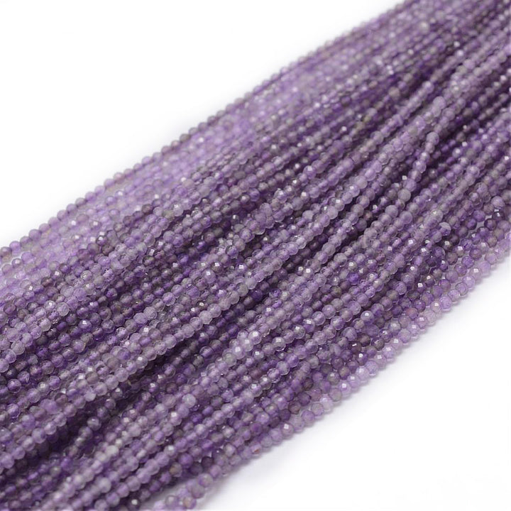 Faceted Amethyst Crystal Beads, Round, Purple Color. Semi-Precious Gemstone Beads for DIY Jewelry Making.  Size: 2mm Diameter, Hole: 0.5mm; approx. 220pcs/strand, 15" Inches Long.  Material: Genuine Natural Amethyst Beads, Natural Stone Crystal Beads. Purple Color. Polished, Shinny Finish.