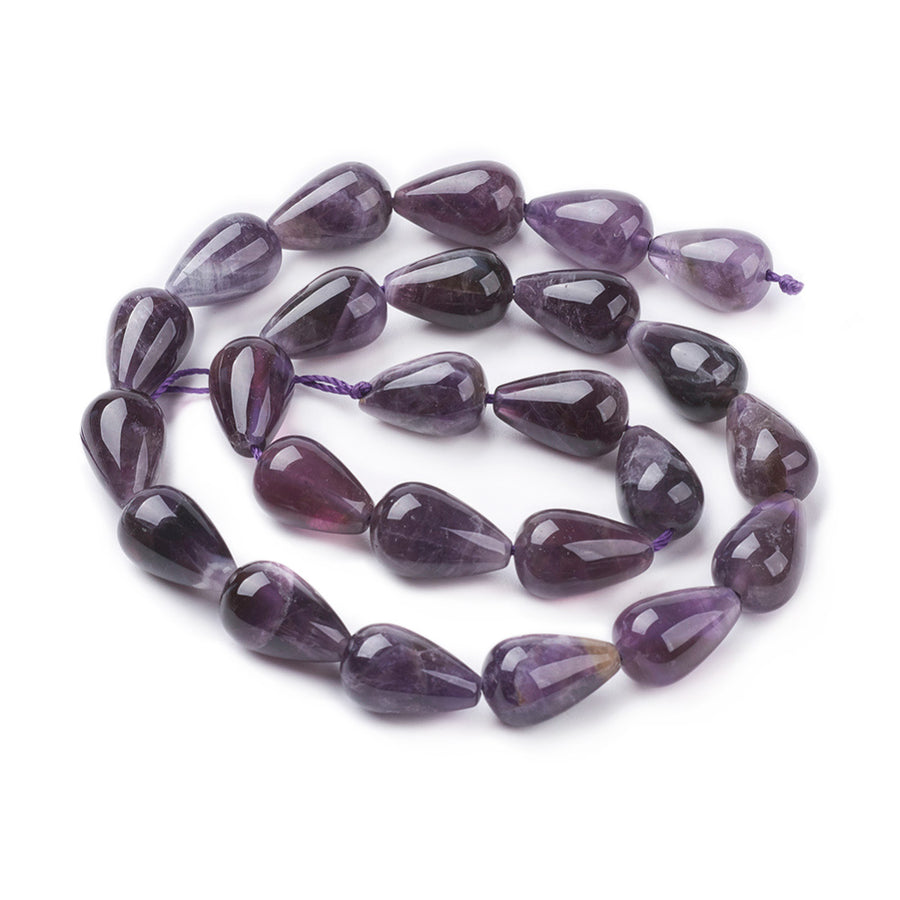 Tear Drop Shaped Amethyst Crystal Beads, Purple Color. Semi-Precious Gemstone Beads for DIY Jewelry Making. Gorgeous, High Quality Crystal Beads.  Size: 16mm Length, 10mm Diameter, Hole: 1.2mm; approx. 24pcs/strand, 15" Inches Long.  Material: Genuine Natural Amethyst Tear Drop Beads, High Quality Crystal Beads. Purple Color. Polished, Shinny Finish. 
