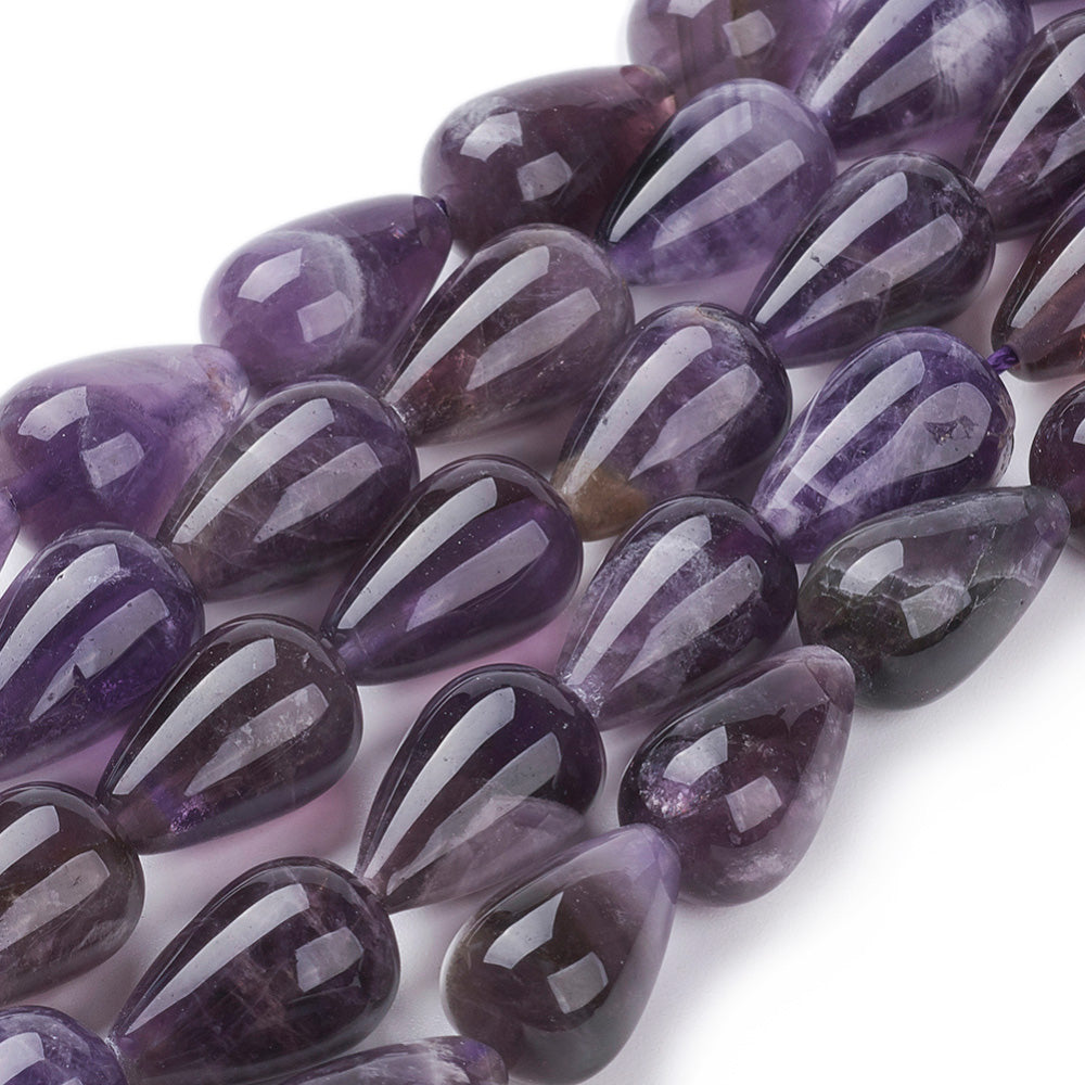 Tear Drop Shaped Amethyst Crystal Beads, Purple Color. Semi-Precious Gemstone Beads for DIY Jewelry Making. Gorgeous, High Quality Crystal Beads.  Size: 16mm Length, 10mm Diameter, Hole: 1.2mm; approx. 24pcs/strand, 15" Inches Long.  Material: Genuine Natural Amethyst Tear Drop Beads, High Quality Crystal Beads. Purple Color. Polished, Shinny Finish. 