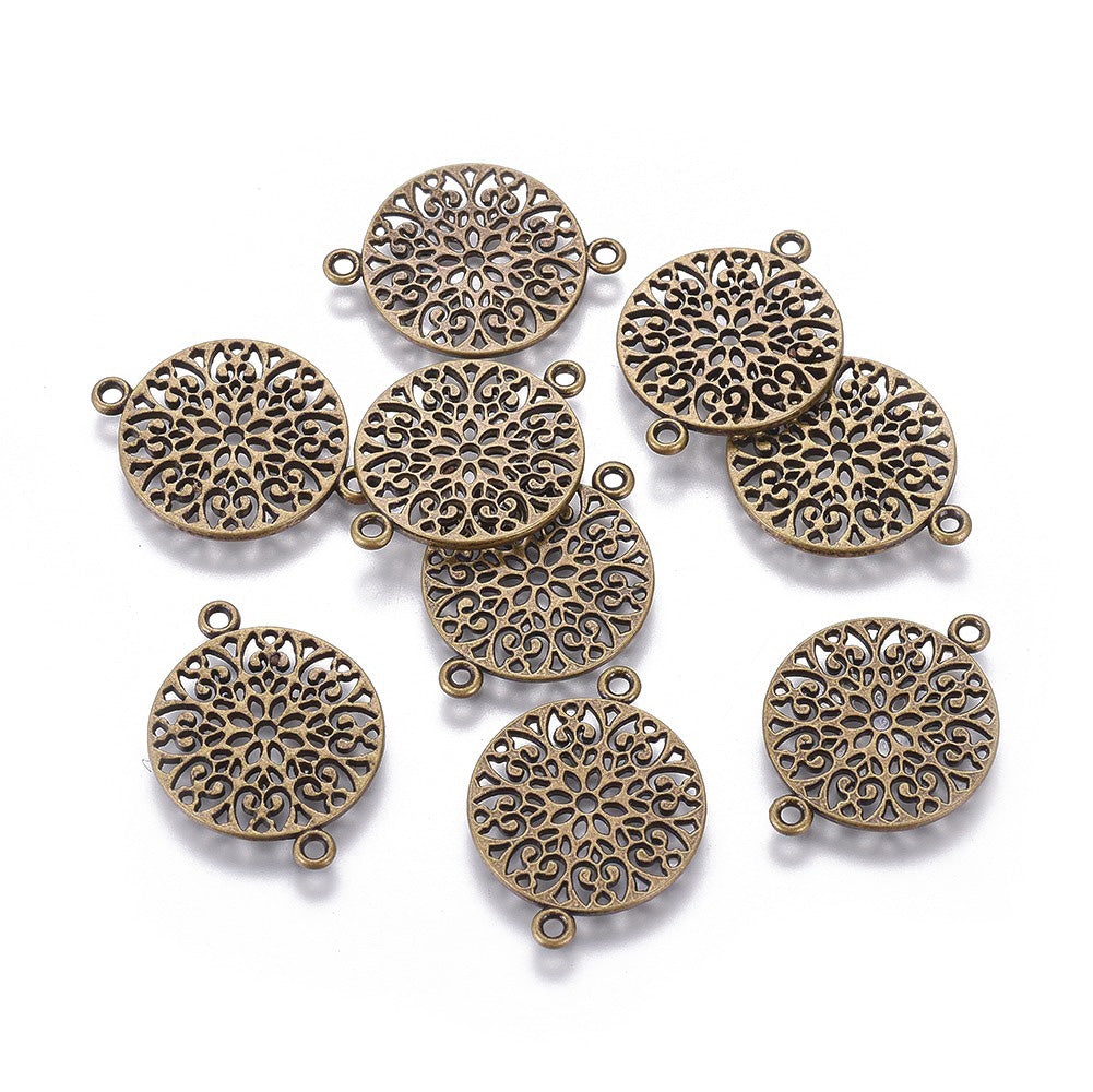 Antique Bronze Flat, Round Link Connector. Antique Bronze Colored Filigree Connectors for DIY Jewelry Making.   Size: 24mm Length, 18mm Width, 1mm Thick, Hole: 1.5mm, Quantity: 5pcs/bag.  Material: Alloy (Lead, Nickel and Cadmium Free) Connectors, Links. Flat Round Shape with Design. Antique Bronze Color.