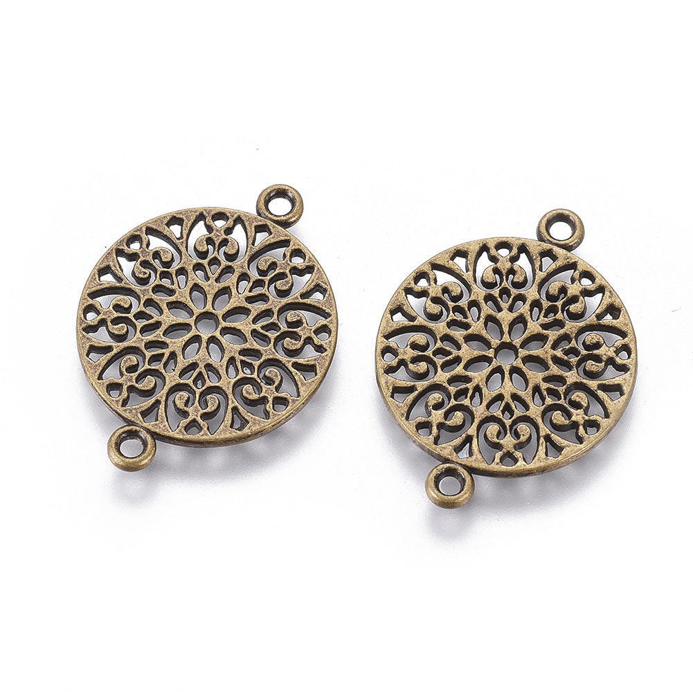Antique Bronze Flat, Round Link Connector. Antique Bronze Colored Filigree Connectors for DIY Jewelry Making.   Size: 24mm Length, 18mm Width, 1mm Thick, Hole: 1.5mm, Quantity: 5pcs/bag.  Material: Alloy (Lead, Nickel and Cadmium Free) Connectors, Links. Flat Round Shape with Design. Antique Bronze Color.