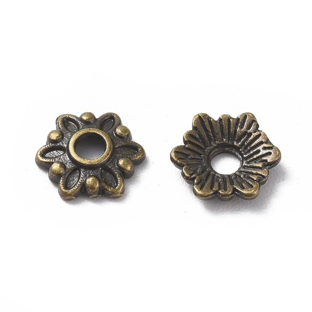 Multi Petal Alloy Flower Spacer Beads. Flower Shaped Bead Caps, Bronze Color. Flower Spacers for DIY Jewelry Making Projects.   Size: 8mm Diameter, 2mm Thick, Hole: 2mm, approx. 25pcs/package  Material: Alloy Flower Bead Caps. Antique Bronze Color. Lead, Cadmium and Nickel Free.