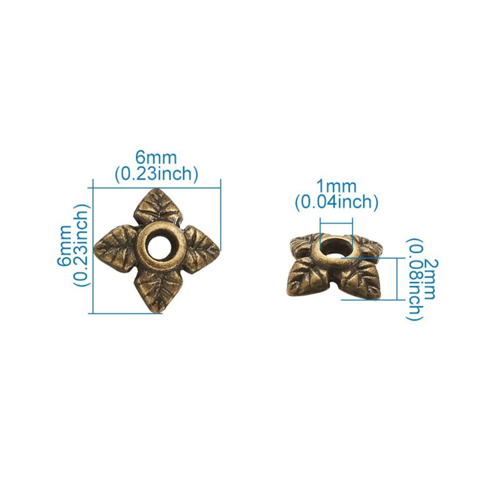 Alloy Flower Spacer Beads. Flower Shaped Bead Caps, Bonze Color. Flower Spacers for DIY Jewelry Making Projects.   Size: 6mm Diameter, 2mm Thick, Hole: 1mm, approx. 10pcs/package.  Material: Alloy Flower Bead Caps. Antique Bronze Color. Lead and Nickel Free.