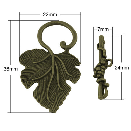 Antique Bronze Leaf Shaped Toggle Clasps for DIY Jewelry Making. Unique Toggle Clasp.  Size: 36mm Length, 22mm Width; Bar: 24x7mm, Hole: 1.5mm, 1 set/package.  Material: Bronze Color Alloy Toggle Clasps, Leaf shape. Cadmium, Nickel and Lead Free.   Usage: These Clasp are used to finish off necklaces or bracelets. Add a unique touch to your jewelry designs.