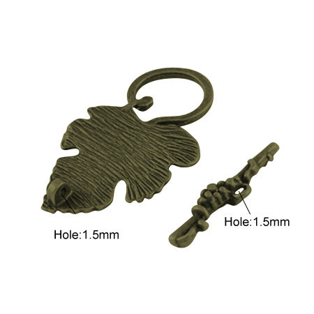 Antique Bronze Leaf Shaped Toggle Clasps for DIY Jewelry Making. Unique Toggle Clasp.  Size: 36mm Length, 22mm Width; Bar: 24x7mm, Hole: 1.5mm, 1 set/package.  Material: Bronze Color Alloy Toggle Clasps, Leaf shape. Cadmium, Nickel and Lead Free.   Usage: These Clasp are used to finish off necklaces or bracelets. Add a unique touch to your jewelry designs.