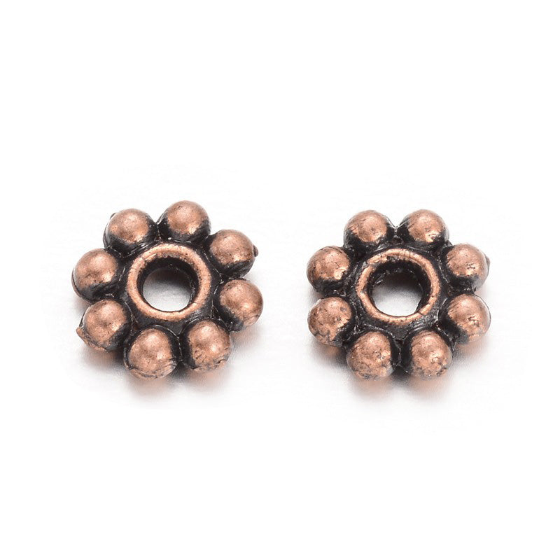 Tibetan Alloy Daisy Spacer Beads, Flower, Red Copper Color. Flower Shaped Alloy Spacers for DIY Jewelry Making Projects. High Quality Bronze Spacers for Beading Projects.