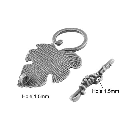 Antique Silver Leaf Shaped Toggle Clasps for DIY Jewelry Making. Unique Toggle Clasp.  Size: 36mm Length, 22mm Width; Bar: 24x7mm, Hole: 1.5mm, 1 set/package.  Material: Silver Color Alloy Toggle Clasps, Leaf shape. Cadmium, Nickel and Lead Free.   Usage: These Clasp are used to finish off jewelry. Add a unique touch to your jewelry designs.