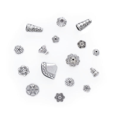 Mixed Shape Bead Cap, Cones and Spacer Beads. Antique Silver Color Bead Caps and Bead Spacers for DIY Jewelry Making Projects.   Size: Mixed Size ranges from 5-20x2-10mm, approx. 75pcs/package  Material: Alloy Flower Bead Caps. Silver Color. Lead, Cadmium and Nickel Free.