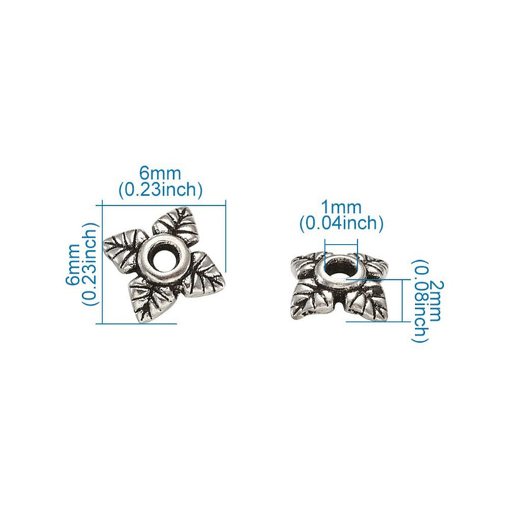 Alloy Flower Spacer Beads. Flower Shaped Bead Caps, Silver Color. Flower Spacers for DIY Jewelry Making Projects.   Size: 6mm Diameter, 2mm Thick, Hole: 1mm, approx. 20pcs/package.  Material: Alloy Flower Bead Caps. Shinny Antique Silver Color. Lead and Nickel Free. bead lot