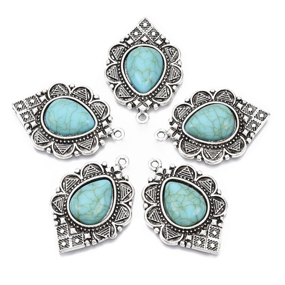 Antique Silver Synthetic Turquoise Gemstone Pendants, Turquoise Color. Teardrop Pendant for DIY Jewelry Making. Great for Necklaces.   Size: 36mm Length, 24mm Wide, 6mm Thick, Hole: 1.8mm, 1pcs/package.   Material: Synthetic Turquoise Stone Pendant, Antique Silver Plated Alloy Pendant. Tear Drop shaped Pendants. Shinny, Polished Finish. 