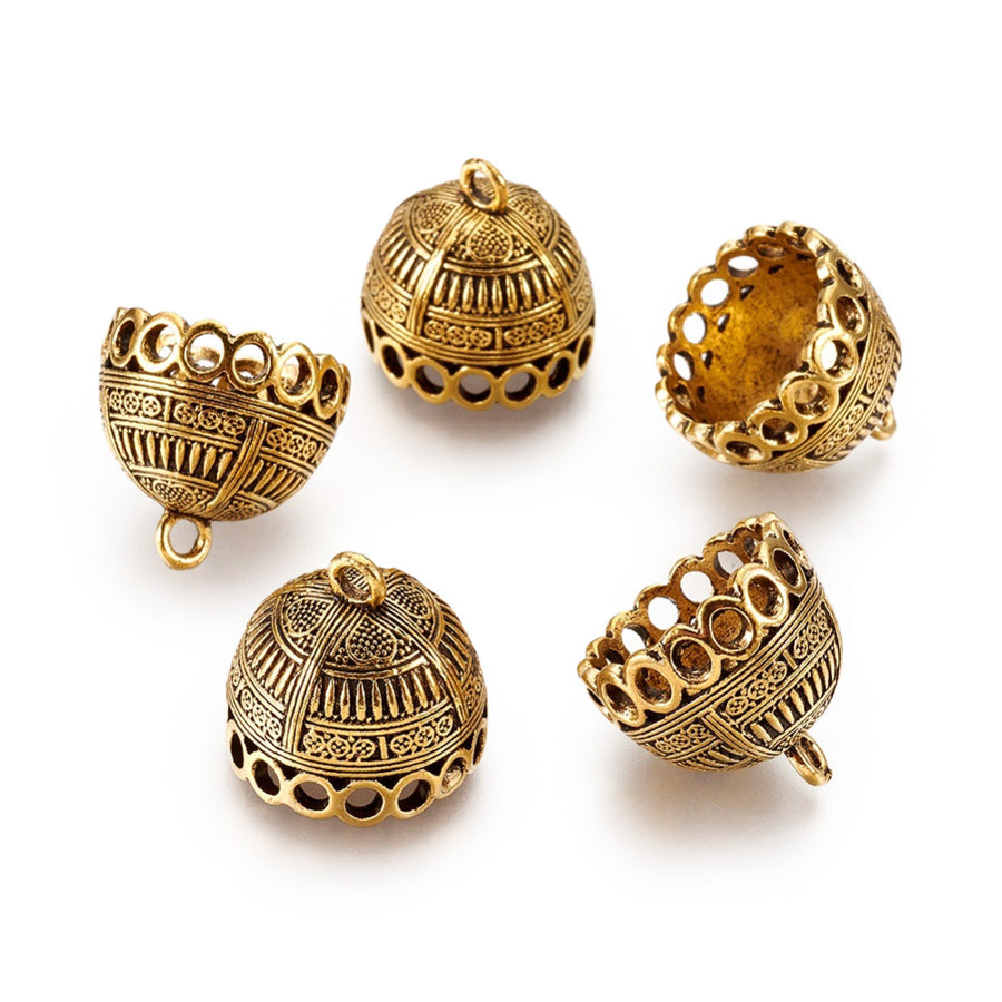 Large Tassle Cap, Bead Cone, Antique Gold Colored Cones for DIY Jewelry Making. Add the perfect Finishing Touch to Your Jewelry Designs with these Stylish Bead Cap Bail.  Size: 19.5mm Diameter (17mm Inner Diameter), 20mm Length, Hole: 1mm, Qty: 1pcs/bag.  Material: Alloy (Lead and Nickel Free) Bead Cone. Antique Gold Color. Shinny Finish.