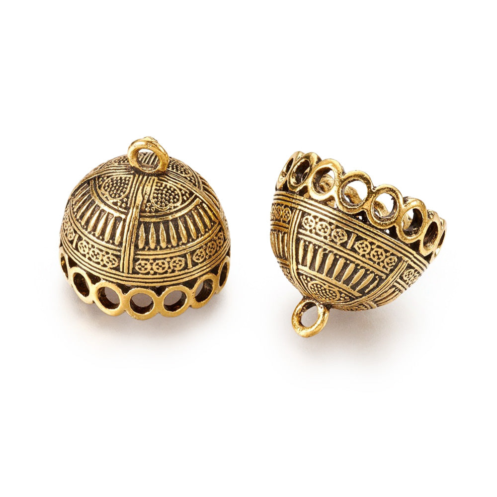 Large Tassle Cap, Bead Cone, Antique Gold Colored Cones for DIY Jewelry Making. Add the perfect Finishing Touch to Your Jewelry Designs with these Stylish Bead Cap Bail.  Size: 19.5mm Diameter (17mm Inner Diameter), 20mm Length, Hole: 1mm, Qty: 1pcs/bag.  Material: Alloy (Lead and Nickel Free) Bead Cone. Antique Gold Color. Shinny Finish.