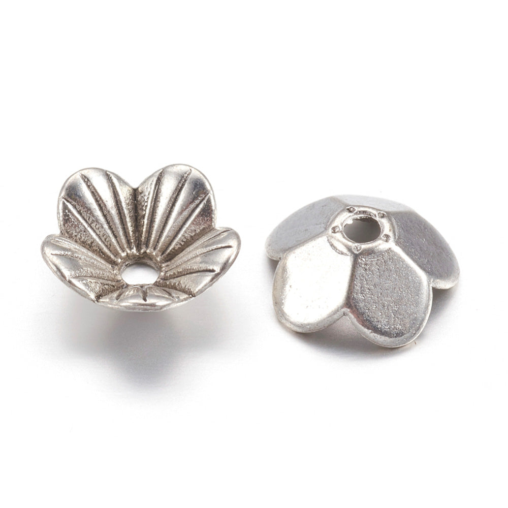 5 Petal Alloy Flower Spacer Beads. Flower Shaped Bead Caps, Silver Color. Flower Spacers for DIY Jewelry Making Projects.   Size: 10mm Length, 10mm Width, 3mm Thick, Hole: 1.5mm, approx. 20pcs/package.  Material: Alloy 5 Petal Flower Bead Caps. Antique Silver Color. Lead, Cadmium & Nickel Free.