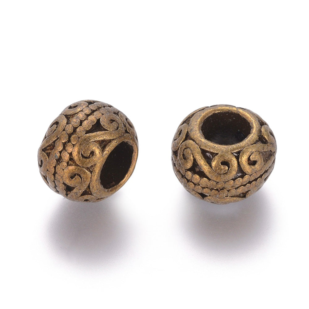 Large Hole European Metal Spacer Beads, Alloy Beads Antique Bronze Color, Round Rondelle Shape for DIY Jewelry Making.   Size: 10.5mm Diameter, 7.5mm Thick, Hole: 5mm, Quantity: 5pcs/package.  Material: Alloy European Large Hole Beads. Antique Bronze Color with a Pattern.