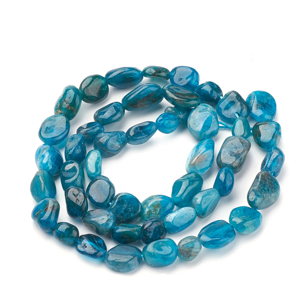 Apatite Gemstone Beads, Oval, Tumbled Stone, Nuggets, Blue Color. Semi-Precious Gemstone Beads for Jewelry Making.   Size: 5-12mm Length, 5-8mm Wide, 3-5.5mm Diameter, Hole: 1mm; approx. 47pcs/strand, 15" Inches Long.  Material: Genuine Natural Apatite Stone, Tumbled Stone, Nugget Beads. Polished, Shinny Finish.   