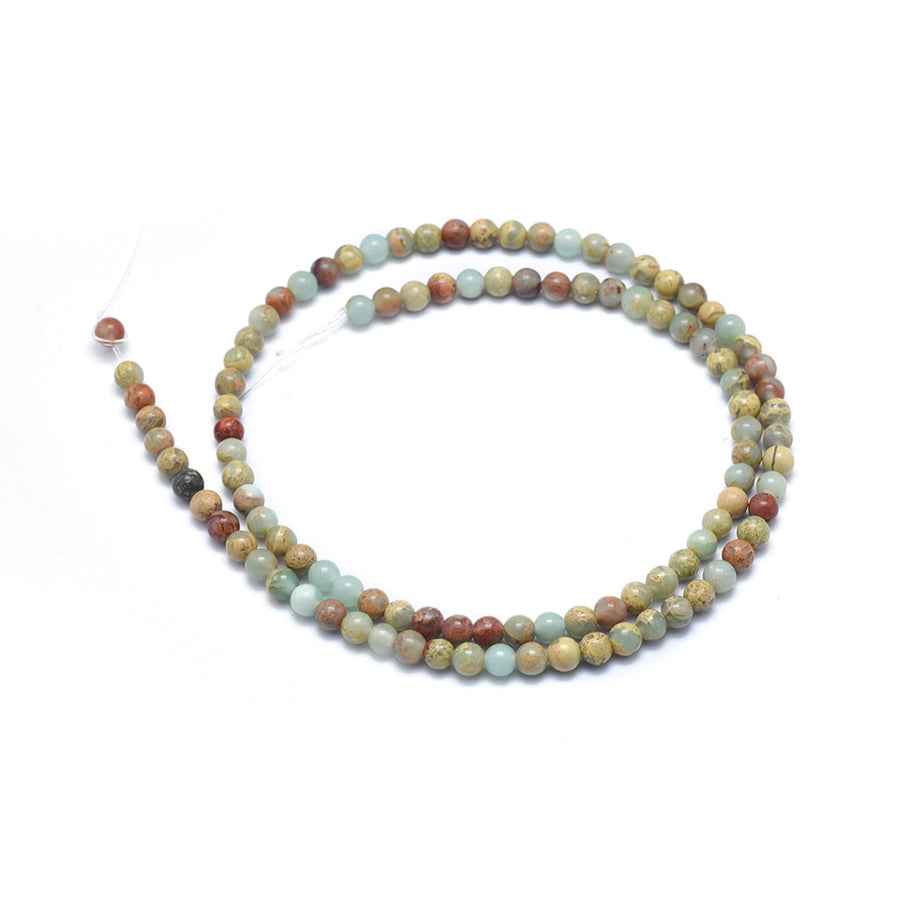 Aqua Terra Jasper Beads. Semi-precious Gemstone Beads for DIY Jewelry Making.   Size: 4mm Diameter, Hole: 0.5mm, approx. 95pcs/strand. 15" inches long.  Material: Genuine Natural Aqua Terra Jasper Stone Beads, Mixed Color. Shinny, Polished Finish.