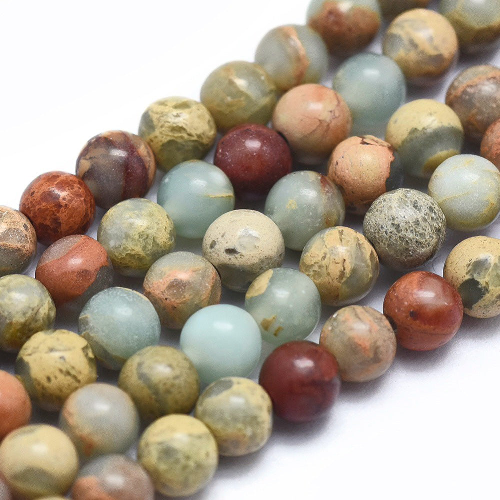 Aqua Terra Jasper Beads. Semi-precious Gemstone Beads for DIY Jewelry Making.   Size: 4mm Diameter, Hole: 0.5mm, approx. 95pcs/strand. 15" inches long.  Material: Genuine Natural Aqua Terra Jasper Stone Beads, Mixed Color. Shinny, Polished Finish.
