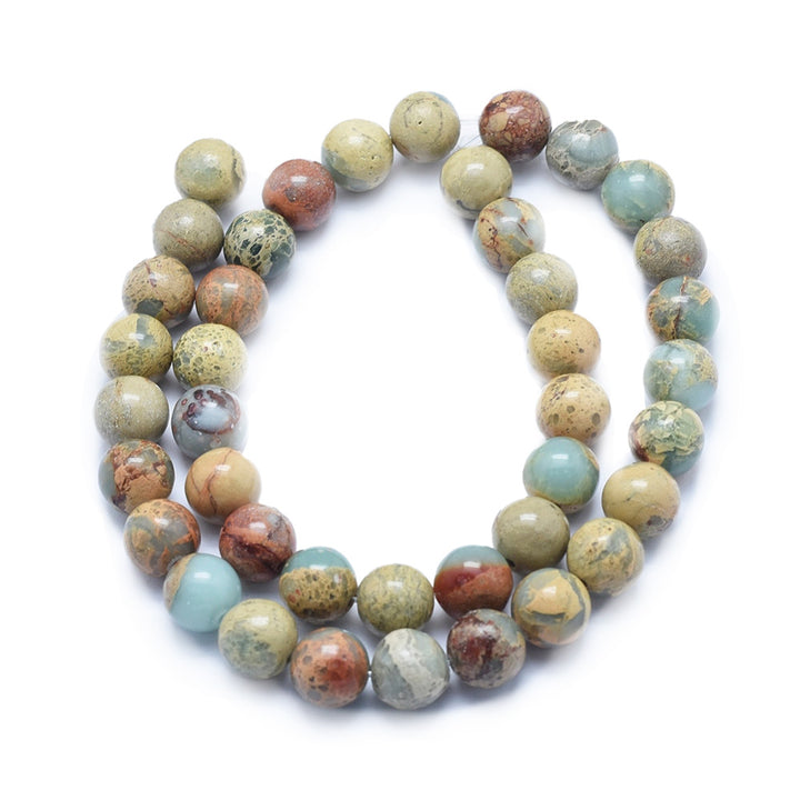Aqua Terra Jasper Beads Semi Precious gemstone beads for making bracelets and necklaces.  Size: 8mm Diameter, Hole: 1mm approx. 48 pcs/strand, 15 inches long.  Material: Genuine Aqua Terra Jasper Stone Beads.