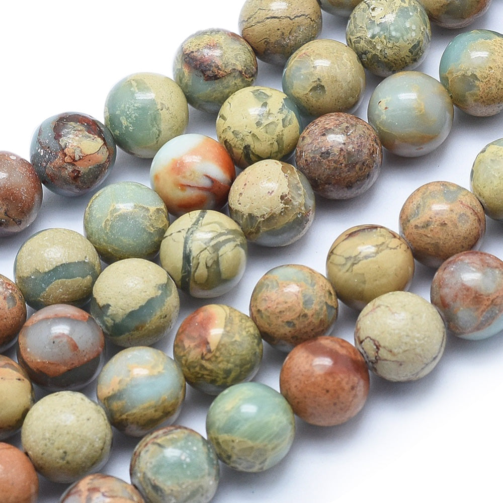 Aqua Terra Jasper Beads Semi Precious gemstone beads for making bracelets and necklaces.  Size: 8mm Diameter, Hole: 1mm approx. 48 pcs/strand, 15 inches long.  Material: Genuine Aqua Terra Jasper Stone Beads.
