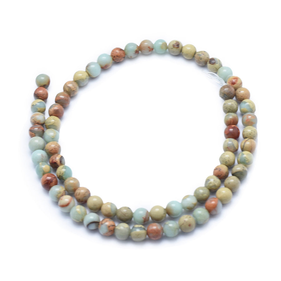 Aqua Terra Jasper Beads Semi Precious gemstone beads for making bracelets and necklaces.  Size: 6mm Diameter, Hole: 1mm approx. 61-62 pcs/strand, 15 inches long.  Material: Genuine Aqua Terra Jasper Stone Beads.