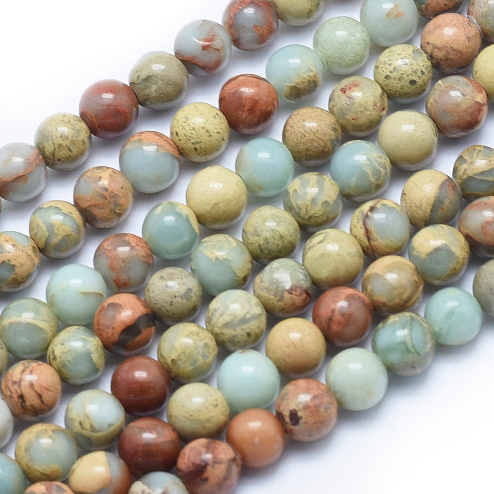 Aqua Terra Jasper Beads Semi Precious gemstone beads for making bracelets and necklaces.  Size: 6mm Diameter, Hole: 1mm approx. 61-62 pcs/strand, 15 inches long.  Material: Genuine Aqua Terra Jasper Stone Beads.