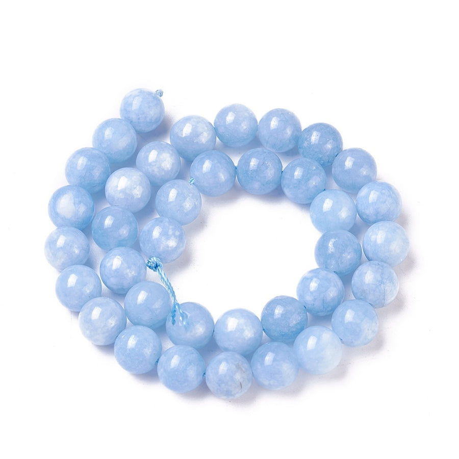 Stunning Aquamarine Natural Jade Beads, Round, Light Blue Color. Semi-Precious Crystal Gemstone Beads for Jewelry Making. Great for Stretch Bracelets.  Size: 10mm in Diameter, Hole: 1mm; approx. 37pcs/strand, 15" inches long.  Material: Imitation Aquamarine Beads made from Natural Jade dyed Blue Color. Polished, Shinny Finish. bead lot beads and more. beadlotcanada. www.beadlot.com