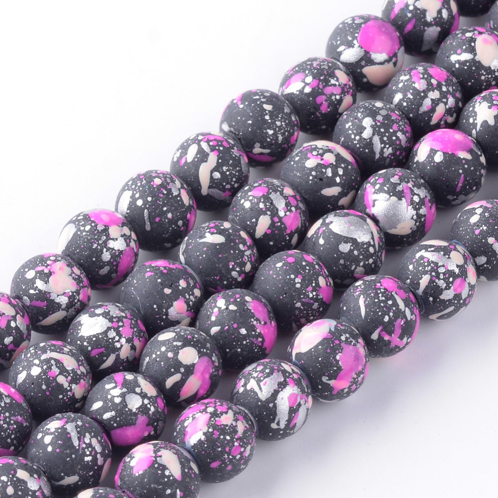 Paint Splattered Glass Beads, Round, Orchid Color, Splatter Effect. Glass Bead Strands for DIY Jewelry Making. Affordable, Colorful Glass Beads. Great for Stretch Bracelets. 6mm Paint Splatter Beads