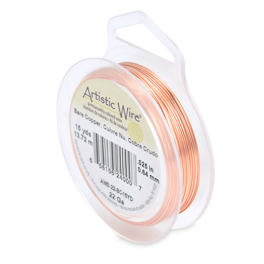 Bare Copper Craft Wire for DIY Jewelry Making and Wire Wrapping Projects.  Size: 22 Gauge (0.64mm) Brass Craft Wire, 15 yd/13.7m Length.  Color: Copper  Material: Bare Copper Wire  Brand: Artistic Wire