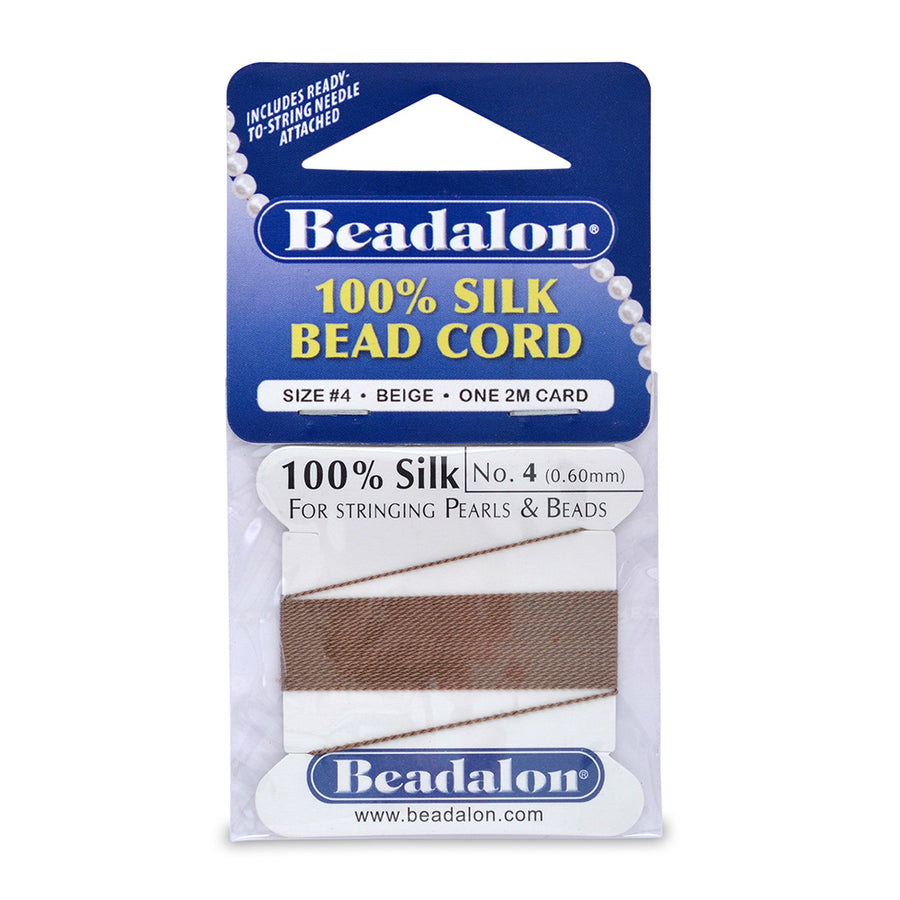 100% Silk Thread. Beige Brown Colored Silk Bead Cord for Stringing Pearls and Natural Stone Beads.  Size: 0.60mm (.024 in) Silk Thread 6.5 ft/2m Length.  Color: Beige/Brown  Material: 100% Silk Thread Bead Cord. Comes with Needle.  Brand: Beadalon