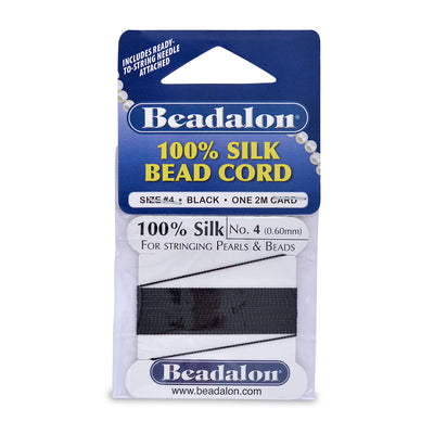 100% Silk Thread. Black Colored Silk Bead Cord for Stringing Pearls and Natural Stone Beads.  Size: 0.60mm (.024 in) Silk Thread 6.5 ft/2m Length.  Color: Black Material: 100% Silk Thread Bead Cord. Comes with Needle.  Brand: Beadalon