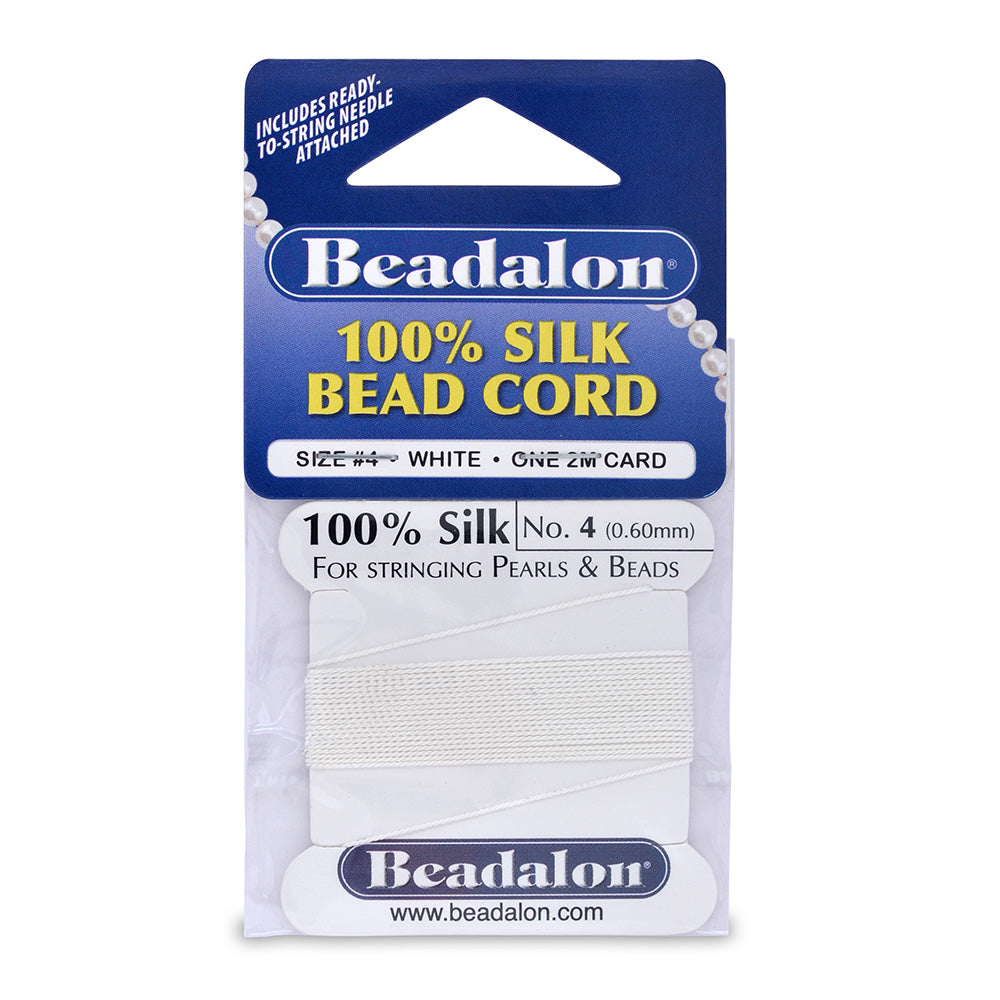 100% Silk Thread. White Color Silk Bead Cord for Stringing Pearls and Natural Stone Beads.  Size: 0.60mm (.024 in) Silk Thread 6.5 ft/2m Length.  Color: White  Material: 100% Silk Thread Bead Cord. Comes with Needle.  Brand: Beadalon