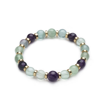 This Beaded Gemstone Bracelet features; 8mm Rainbow Fluorite, and 10mm Amethyst Natural Stone Beads with Light Gold-Plated Hematite Spacer Beads.   Item Features: - Strung on a stretchy elastic cord. - The bracelet stretches and fits a typical women's wrist approx. 7.5 inches - Easy slip on and off - Light Gold-Plated Hematite Spacer Beads. - Centerpiece bead measures 10 mm; the rest of the beads are 8mm.