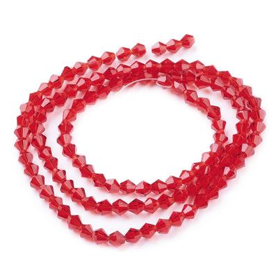 Glass Beads, Faceted, Red Color, Bicone, Crystal Beads for Jewelry Making.  Size: 4mm Length, 4mm Width, Hole: 1mm; approx. 92pcs/strand, 13.75" inches long.  Material: The Beads are Made from Glass. Austrian Crystal Imitation Glass Crystal Beads, Bicone, Bright Red Colored Beads. Polished, Shinny Finish. 