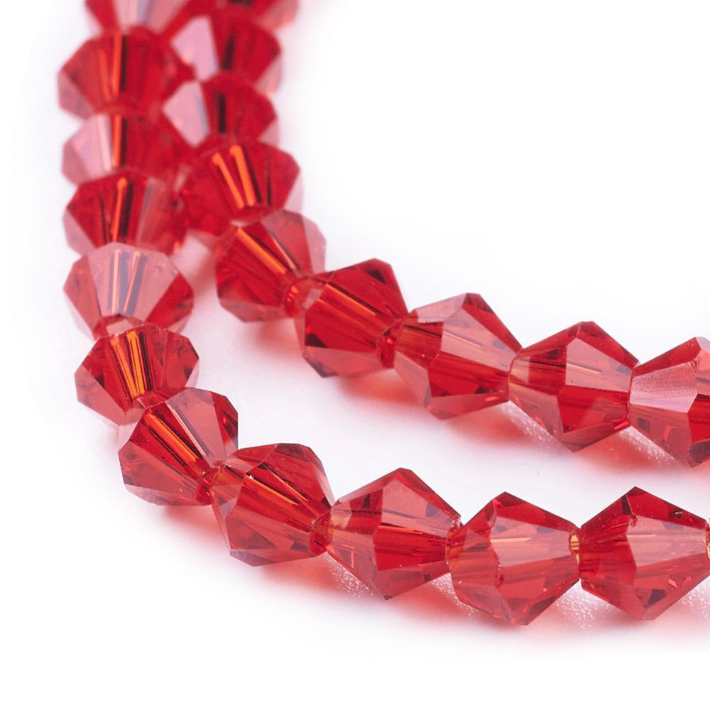 Glass Beads, Faceted, Red Color, Bicone, Crystal Beads for Jewelry Making.  Size: 4mm Length, 4mm Width, Hole: 1mm; approx. 92pcs/strand, 13.75" inches long.  Material: The Beads are Made from Glass. Austrian Crystal Imitation Glass Crystal Beads, Bicone, Bright Red Colored Beads. Polished, Shinny Finish. 