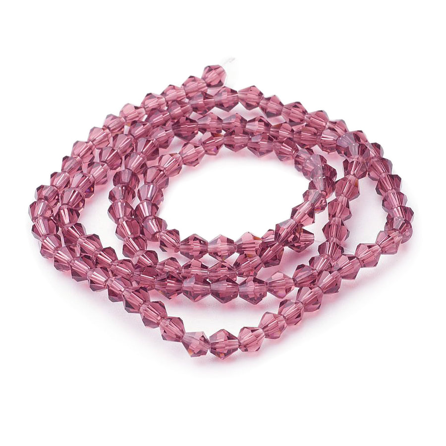 Glass Beads, Faceted, Burgundy Purple Color, Bicone, Crystal Beads for Jewelry Making.  Size: 4mm Length, 4mm Width, Hole: 1mm; approx. 92pcs/strand, 13.75" inches long.  Material: The Beads are Made from Glass. Austrian Crystal Imitation Glass Crystal Beads, Bicone, Burgundy Purple Colored Beads. Polished, Shinny Finish. 